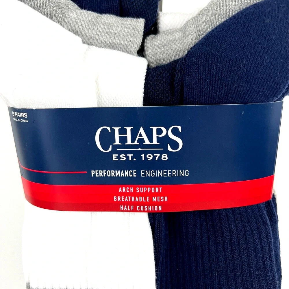 NEW Chaps Men’s Racer Stripe Athletic Crew Socks 6 Pairs Shoe Size 6-12.5 W/Tags